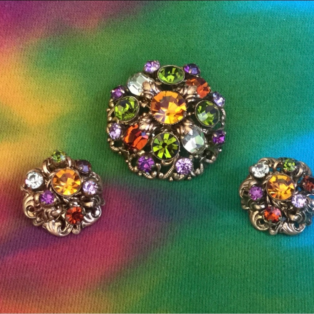 Vintage Rhinestone Cluster Brooch and Earring Set